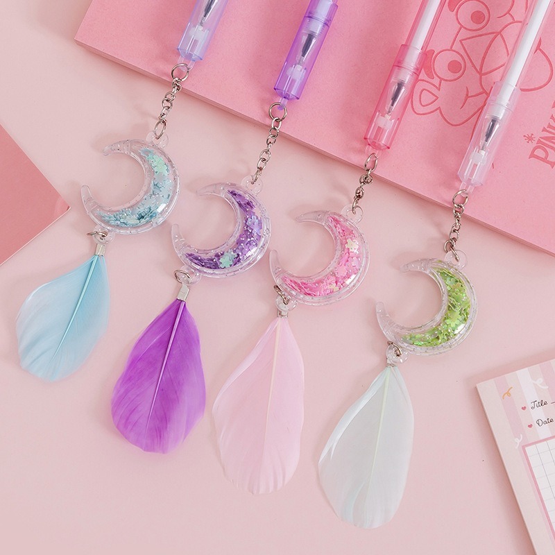 1 Bút Mực Đen Hình Mặt Trăng / Lông Vũ Đính Kim Sa Sáng Tạo Cho Nữ