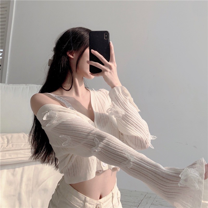 [Có sẵn+ảnh thật] Áo len cổ V mỏng dài tay croptop butterfly 2021