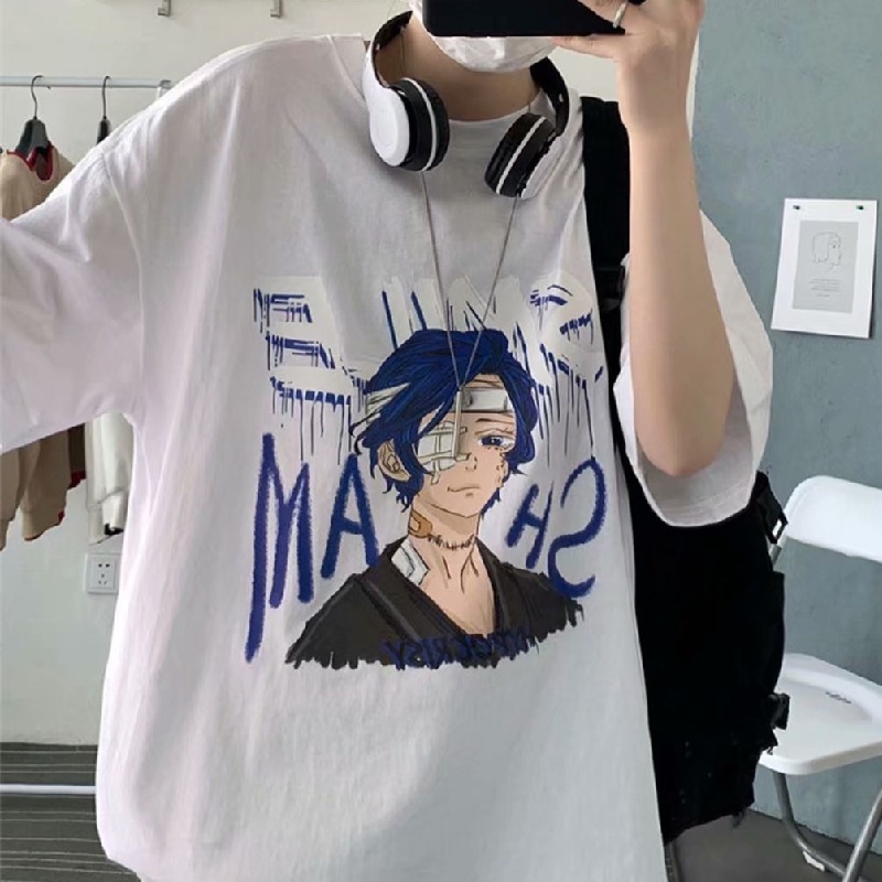 Áo thun tay ngắn cổ tròn dáng rộng in họa tiết hoạt hình phong cách Nhật Bản thời trang cho nam size M-5XL