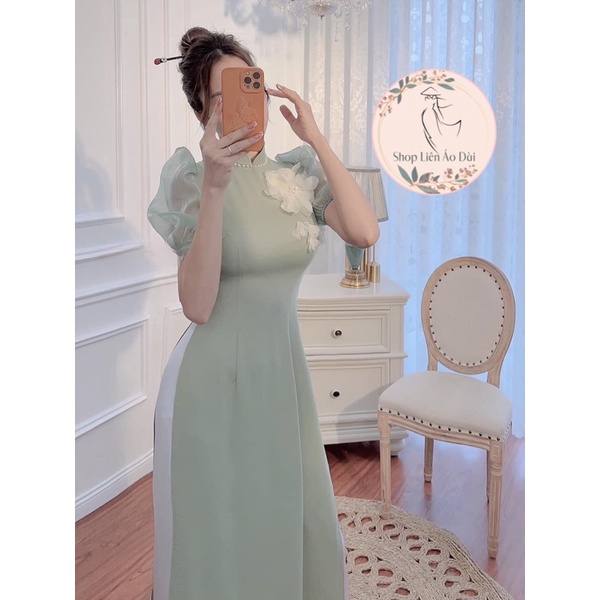Áo dài cách tân nữ cổ truyền thống tay phối tơ bồng bo, áo dài thiết kế đính hoa nhẹ nhàng, áo dài may sẵn