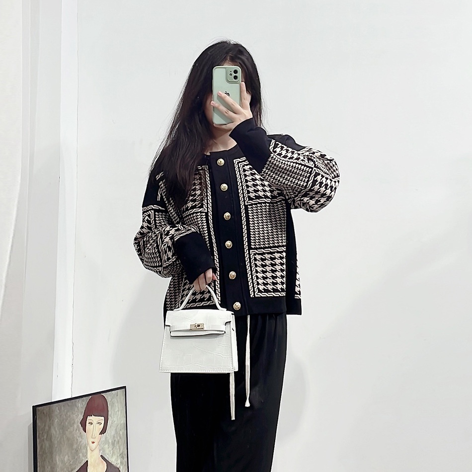 ZHGL Sandro 2022 early autumn coat sweater French retro bird Plaid knitted socialite top short cardigan women's clothing