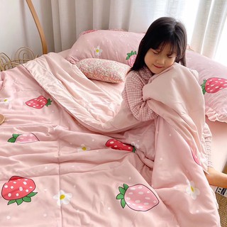 [ CHĂN HÈ TRẦN BÔNG ] Bộ chăn ga Cotton Đũi phối bèo 100% hàng nhập khẩu siêu mềm mát - họa tiết quả dâu