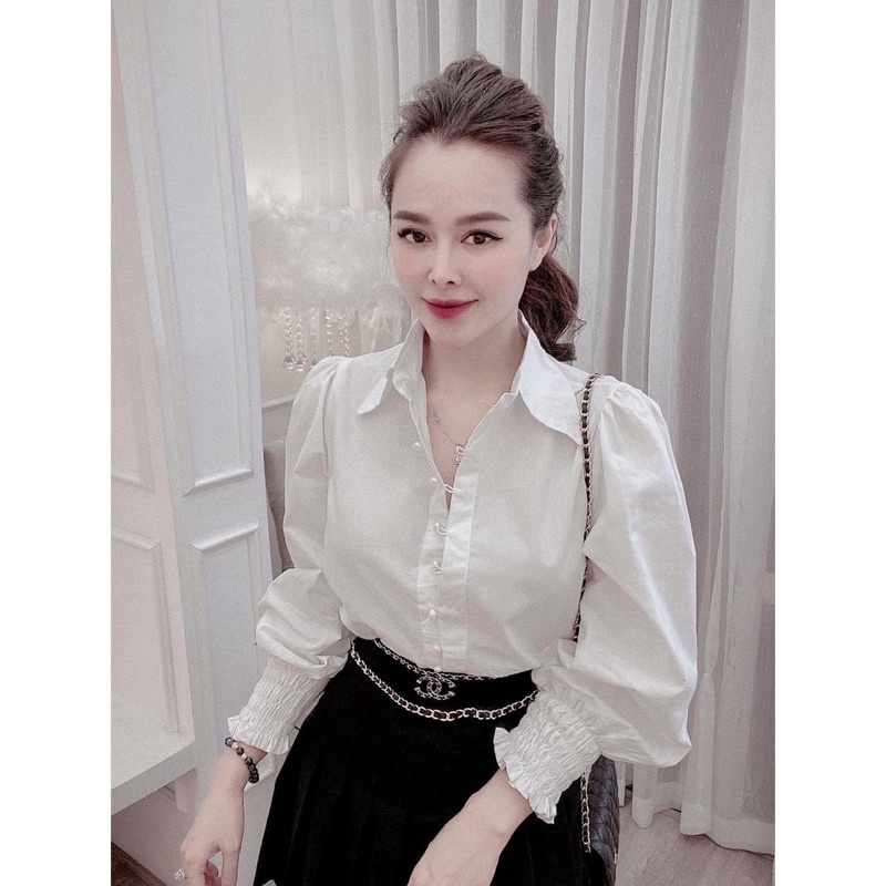 Áo Somi trắng cổ bẻ C50, áo trắng Quảng Châu bo chun tay sang chảnh dành cho nữ