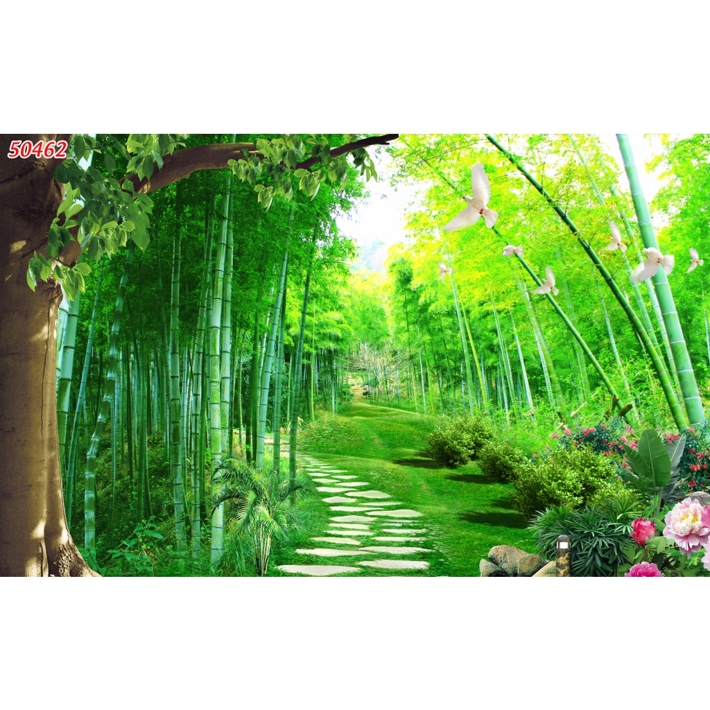 Tranh dán tường 3d mẫu con đường hàng cây chất liệu PP keo dán sẵn bền màu