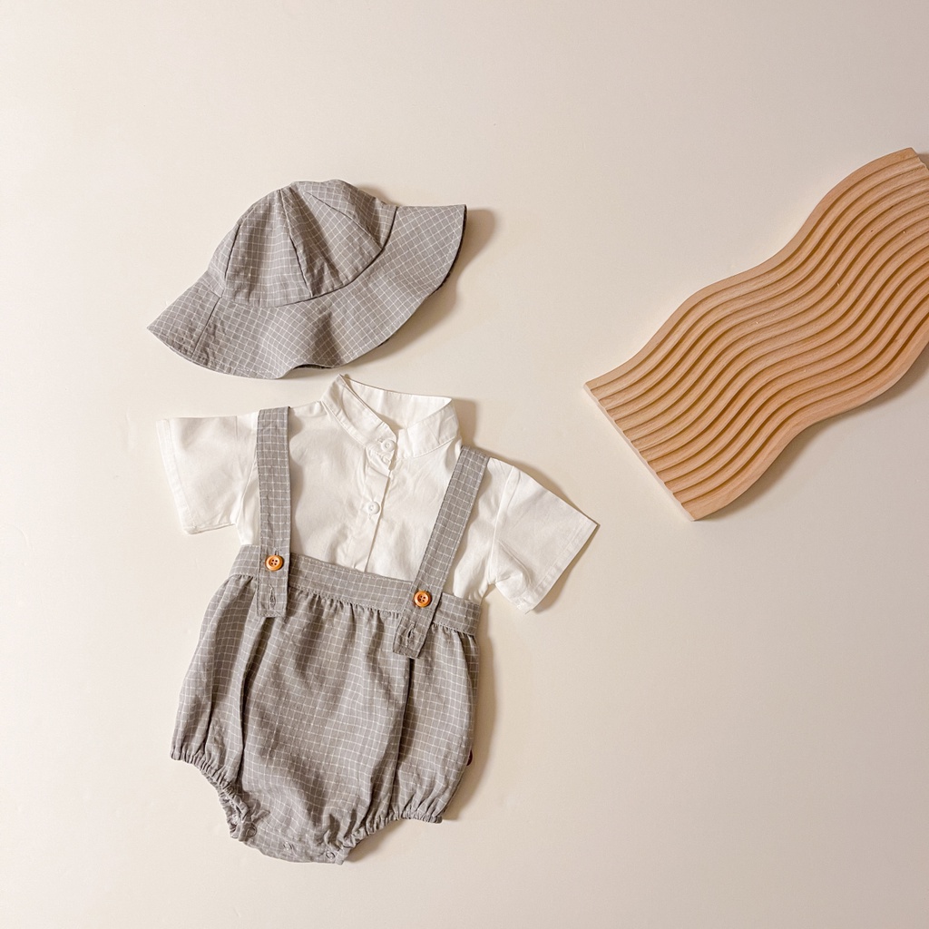 Set Áo Sơ Mi Ngắn Tay + Quần Yếm Họa Tiết Caro + Nón Thời Trang Cho Bé