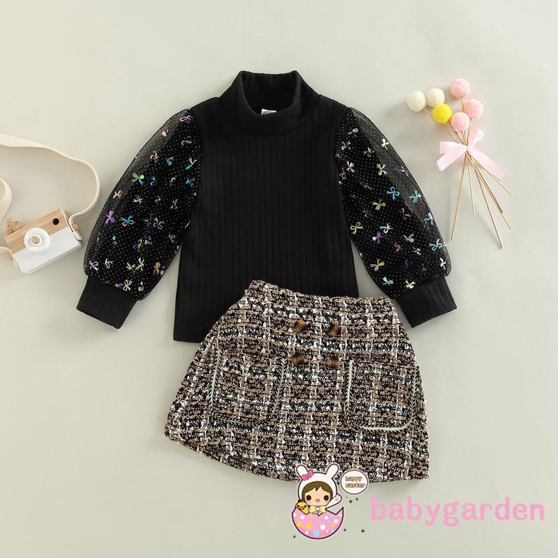 Set Đồ Mùa Thu 2 Món Gồm Áo Tay Dài Lưới Đen + Váy Chữ A Có Nút Cài Cho Bé Gái 1-6 Tuổi