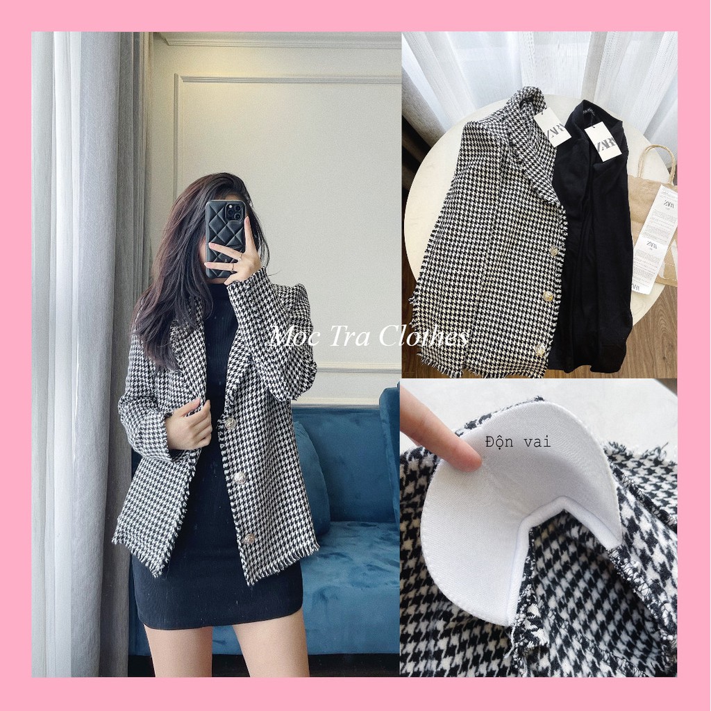 Set 2 món vest Hàn Quốc váy body dài tay dáng ngắn và áo khoác dạ kẻ ziczac siêu xinh, rẻ đẹp trẻ trung sang trọng