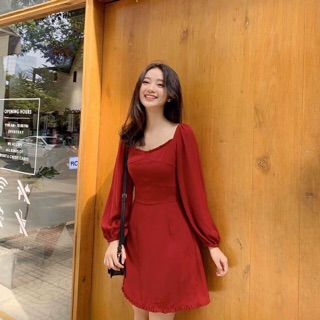 Đầm đỏ tay phồng dáng a