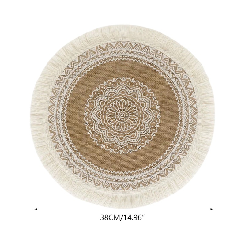 Miếng lót ly dáng tròn dệt vải kiểu tua rua phong cách Boho Mandala đa năng độc đáo