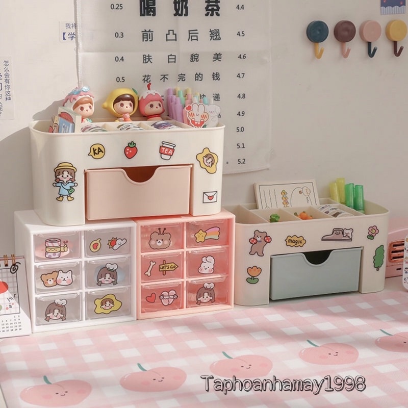 Kệ đựng mỹ phẩm để bàn mini 6 ô đựng và 1 ngăn kéo sắp xếp đồ trang điểm, đồ dùng văn phòng phẩm ngăn nắp gọn gàng