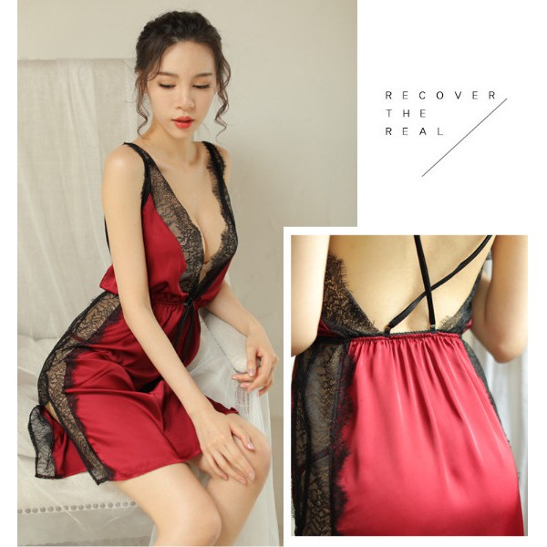 Váy Ngủ Sexy Satin Viền Ren Eo Thun Dây Chéo Hở Lưng 1442