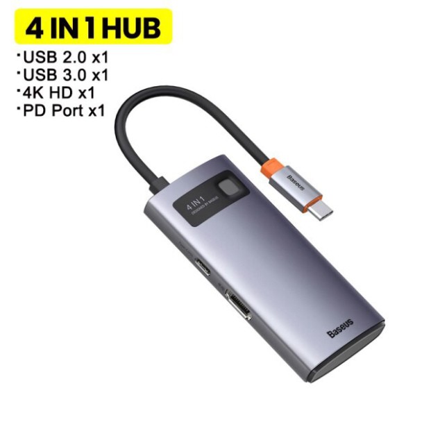 Cổng chuyển đổi Baseus Metal Gleam Hub Type C 4 in 1 HDMI 4K USB 3.0 USB 2.0 PowerDelivery cho điện thoại Macbook Window