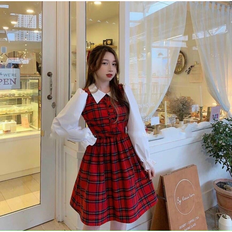 Đầm kate caro đỏ tay cổ phối siêu xinh Hàng y hình