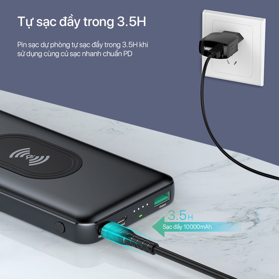 Pin Sạc Dự Phòng 10.000mAh ACOME AP106 Sạc Không Dây Qi 10W Sạc Nhanh PD QC3.0 Sạc Được Nhiều Thiết Bị