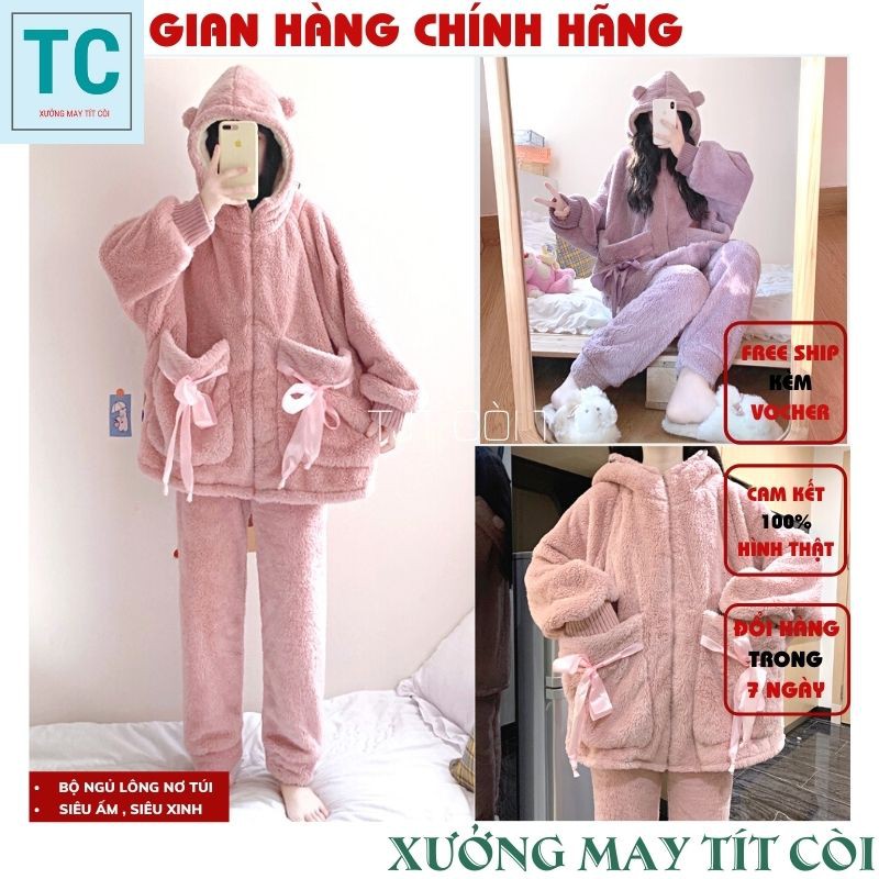 Bộ đồ ngủ lông cừu giữ nhiệt mùa đông túi thắt nơ dễ thương ,bộ mặc nhà nhung bông mềm mịn 2 màu hồng tím - Tjt Còi 1