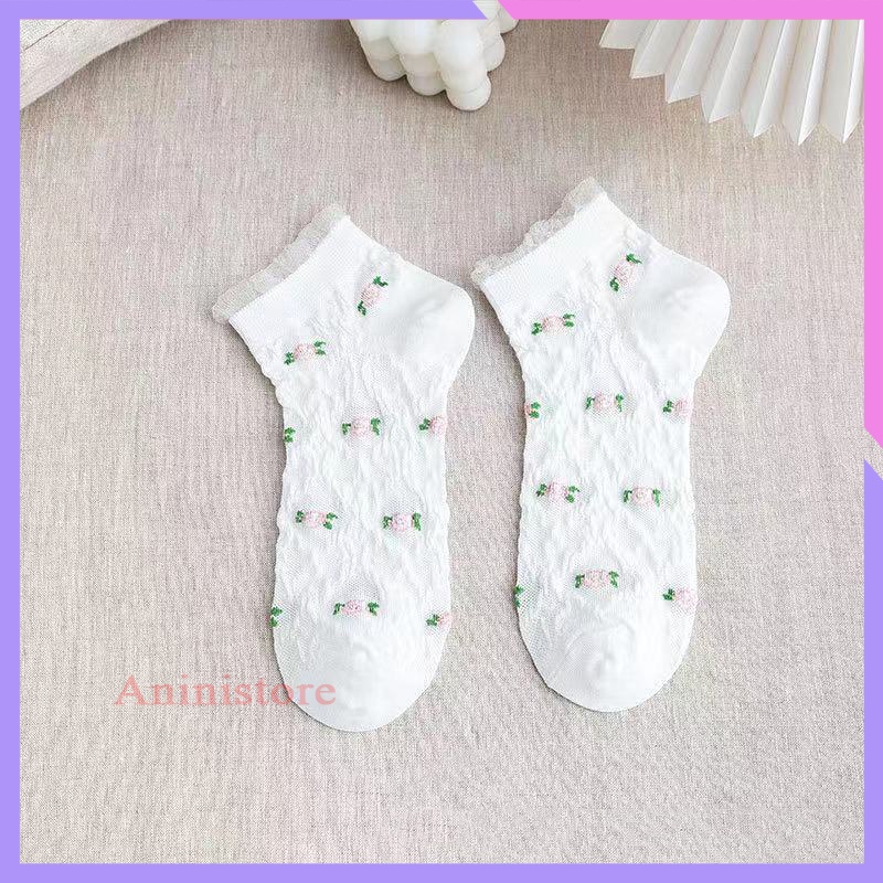 Tất cổ ngắn, vớ cổ ngắn nữ VIỀN PHỐI LƯỚI ĐIỂM NHỮNG BÔNG HOA tiểu thư phong cách HÀN QUỐC (TP CN 015 – Aninistore)