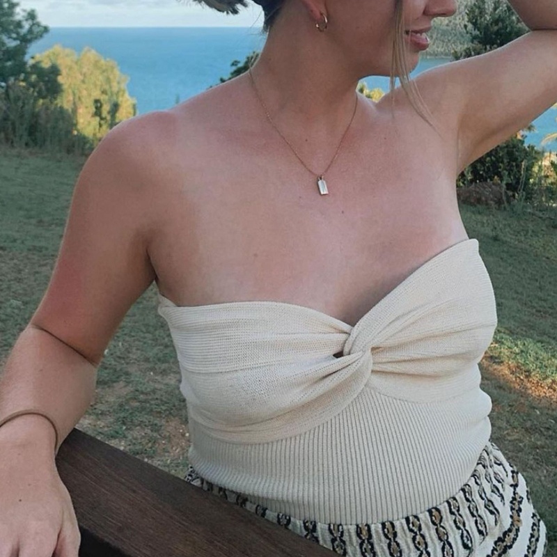 Brroa Áo Croptop Dệt Kim Hai Dây Thắt Nút Trước Màu Trơn Gợi Cảm Mùa Hè Cho Nữ