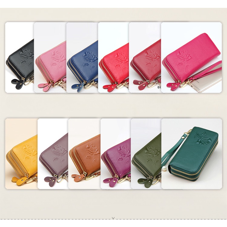 Ví Da Thật Dáng Dài Hai Lớp Màu Xanh Lá Cây Có Khóa Kéo Thời Trang Sức Chứa Lớn Mềm Mại