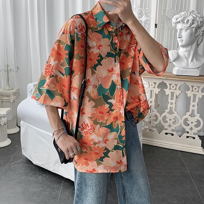 Áo Sơ Mi Tay Lỡ In Họa Tiết Hoa Toàn Diện Phong Cách Harajuku Hàn Quốc Thời Trang Cho Nam