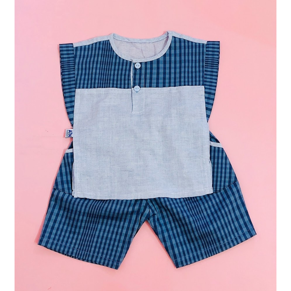 Bộ quần áo ngắn bé trai họa tiết Caro xanh cotton - AICDBGPMP0FI - AIN Closet