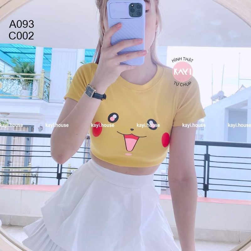 Áo croptop ôm tay ngắn hoạ tiết Pikachu dễ thương - AO050