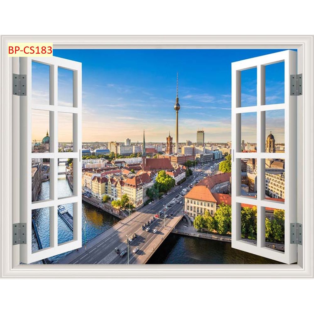 Tranh 3d cửa sổ nhìn ra phong cảnh sang trọng hiện đại