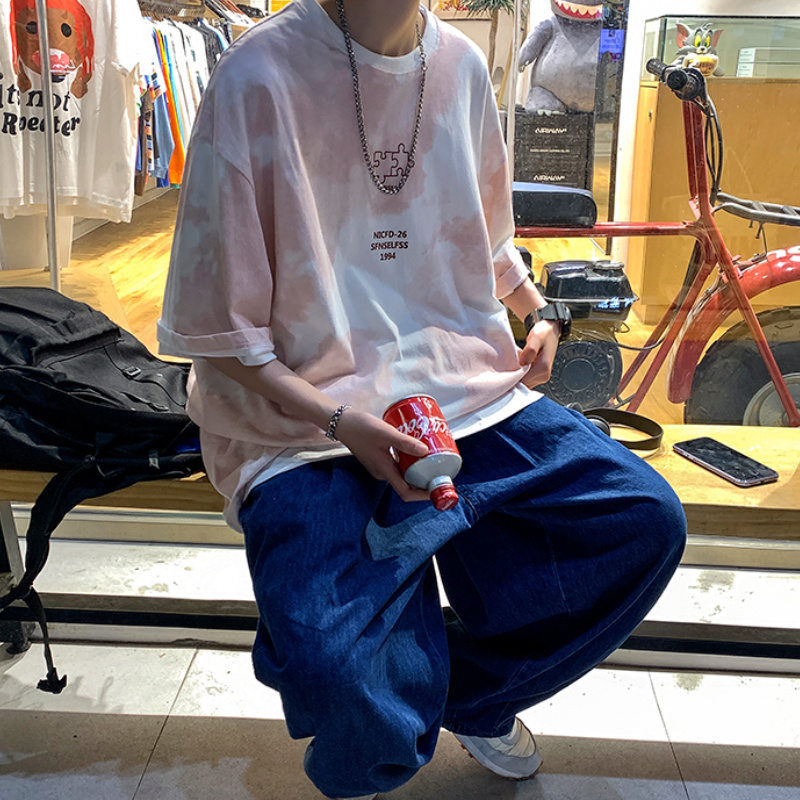 Áo Thun Tay Ngắn Cổ Tròn Form Rộng Nhuộm Màu Phong Cách Harajuku Cho Nam Size M-5Xl