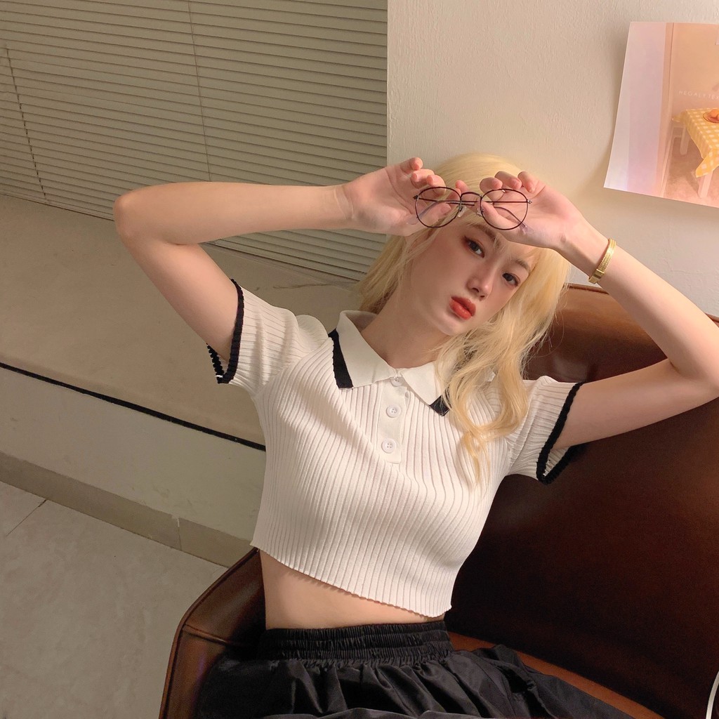 Áo dệt kim tay ngắn cổ polo phối màu tương phản phong cách Hàn Quốc xinh xắn cho nữ