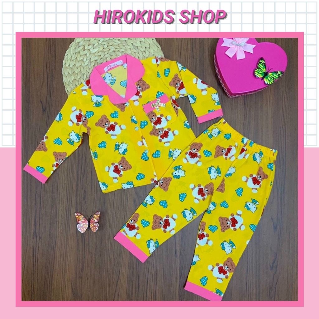 Bộ quần áo Pijama trẻ em vải Lụa dài tay họa tiết phối viền cho bé gái (12-32kg) - Hirokids