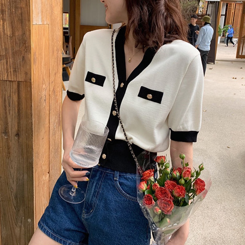 Áo Cardigan Ngắn Tay Cổ Chữ v Màu Sắc Tương Phản Thời Trang