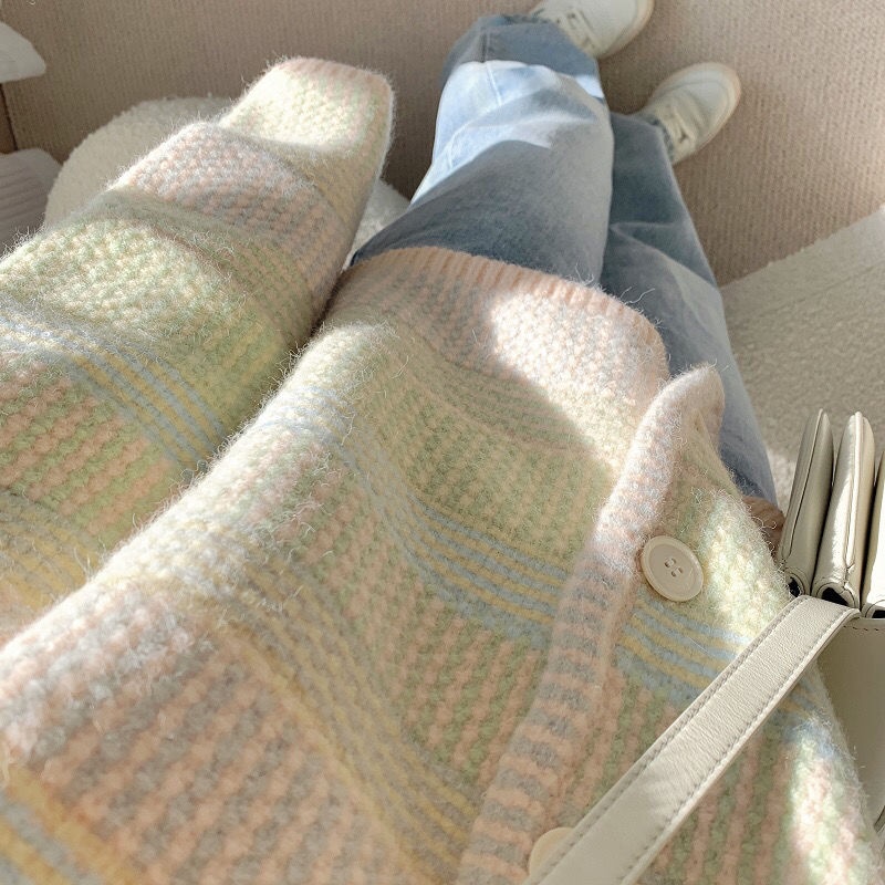 Áo Khoác Cardigan Dệt Kim Dáng Rộng Họa Tiết Kẻ Sọc Màu Sắc Cầu Vồng Xinh Xắn Thời Trang Mùa Đông Cho Nữ