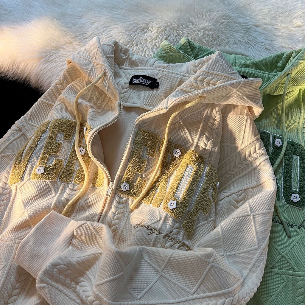 Áo Khoác Cardigan Có Nón Dáng Rộng Màu Xanh Lá Sữa Phong Cách Retro Mỹ Thời Trang Thường Ngày Cho Cặp Đôi