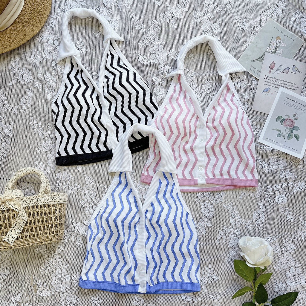 chất len gân-áo kiểu cổ bẻ yếm cài nút họa tiết zic