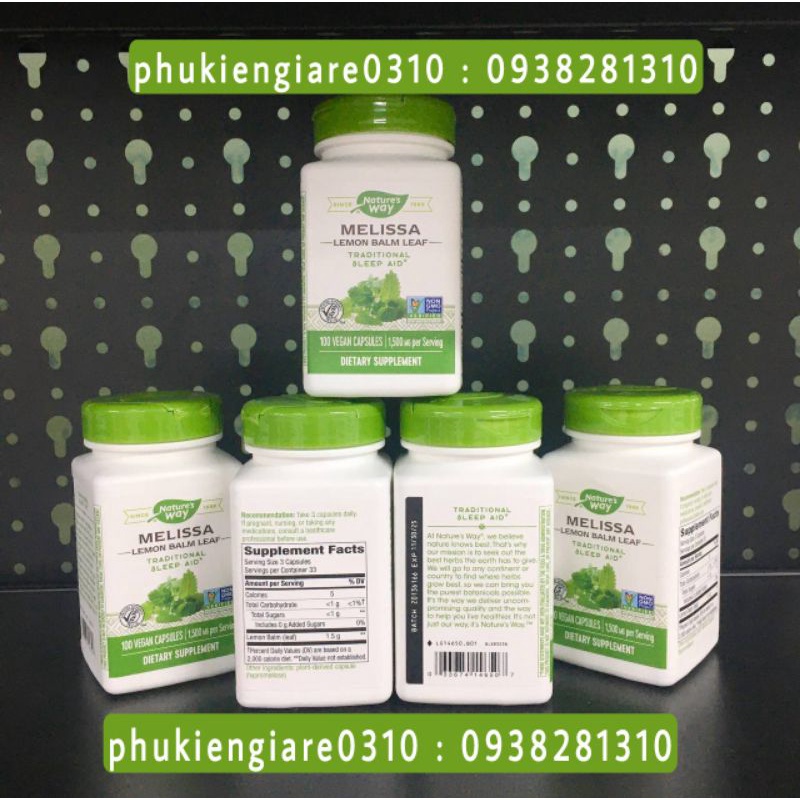Viên uống giảm lo âu, Giảm stress,Tuyến giáp, Tía tô đất ,Bổ não , Nature's Way Melissa Leaves Lemon Balm 1500mg