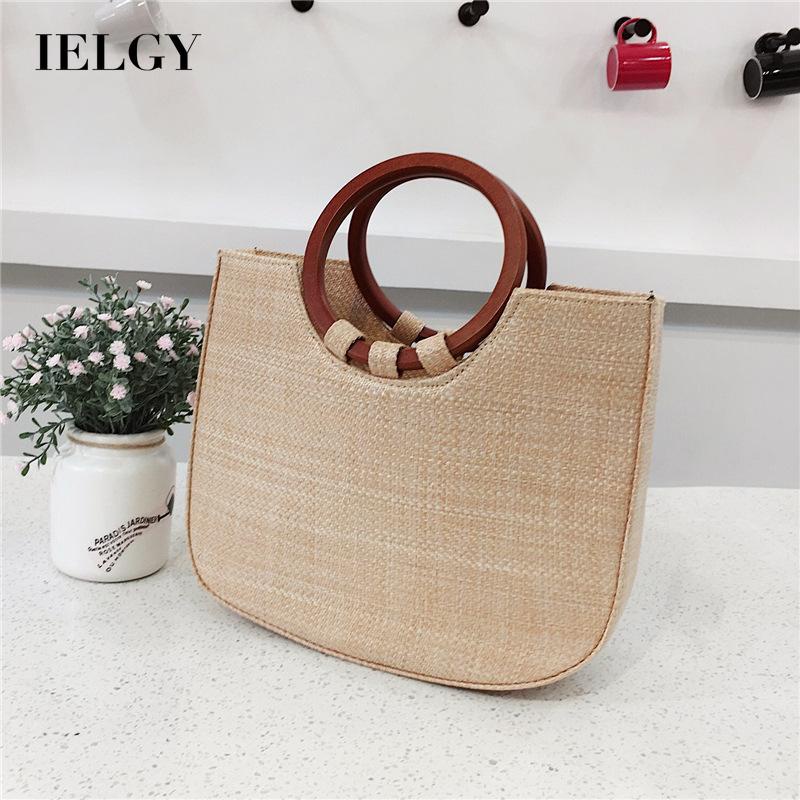 Túi xách IELGY đeo vai bằng rơm tay cầm bằng gỗ đơn giản phiên bản hàn quốc mới cho nữ