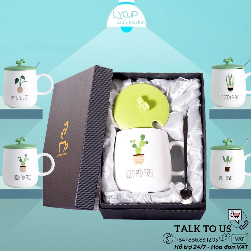 Ly Cốc Sứ Hình Cây Xanh Chất Lượng Cao Đáng Yêu 400ml Có Nắp Kèm Thìa