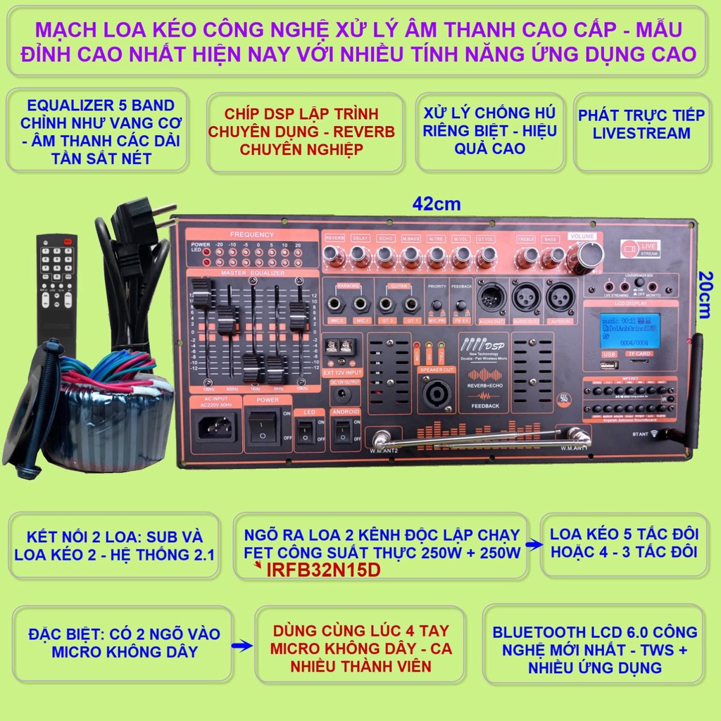 Mạch loa kéo 5 tấc đơn 500W Reverb chống hú DSP Livestream Equalizer 5 Band, chạy FET IRFB32N15D