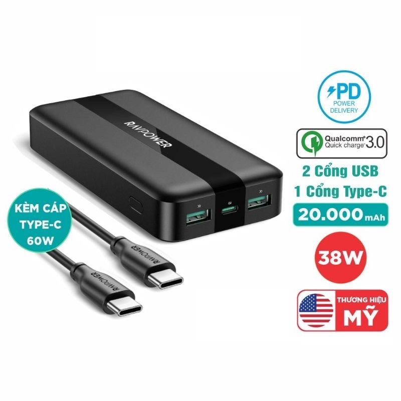 Sạc dự phòng RAVpower RP-PB235 20.000mAh, sạc nhanh PD 3.0 20w và QC 3.0 18w , kèm cáp C to C
