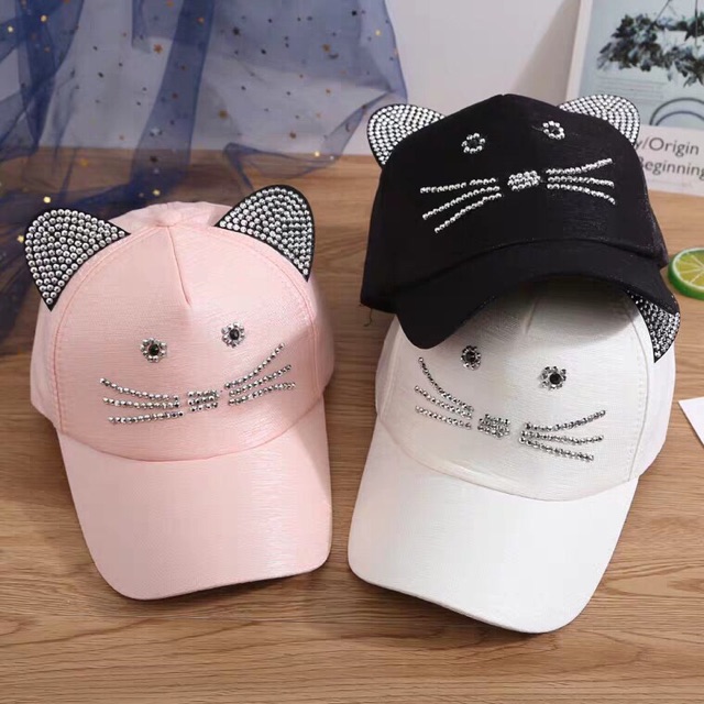 Mũ đính đá hình mèo cho trẻ em, người lớn