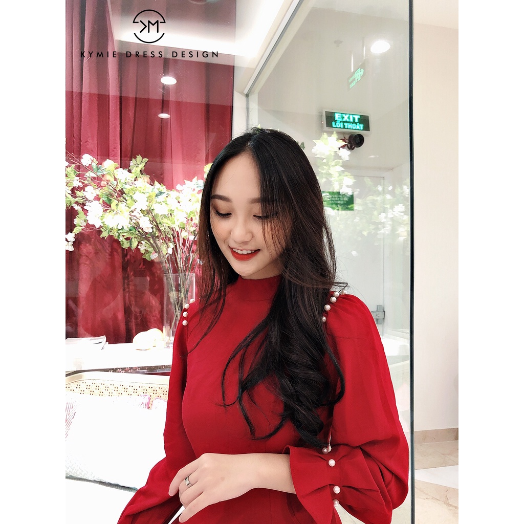 Áo dài tết thiết kế cách tân tay bèo đính ngọc đỏ AD190 KYMIE