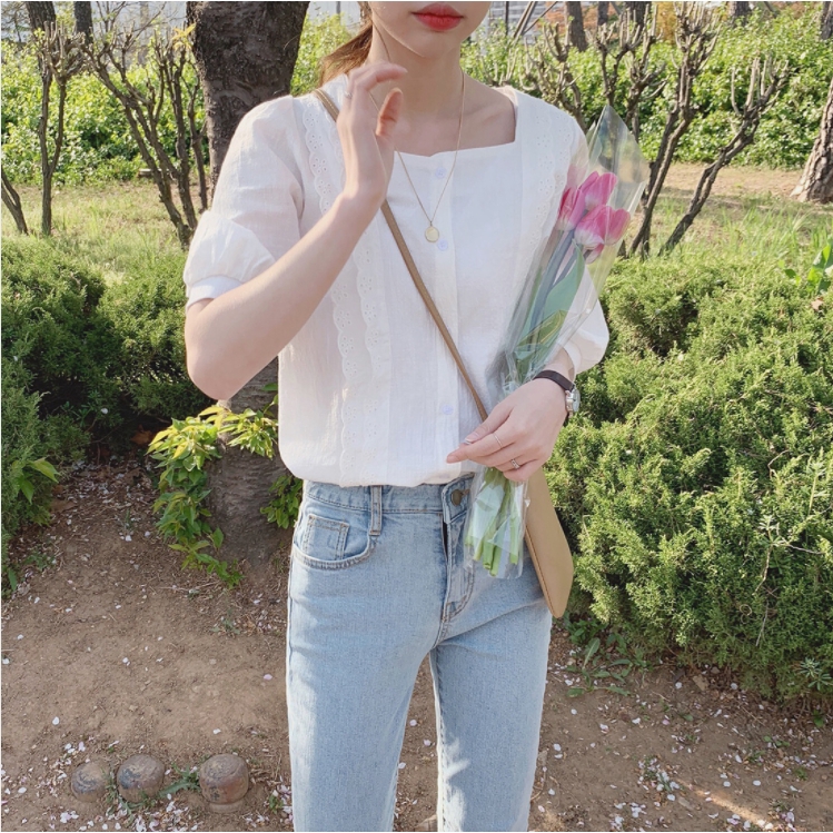 SUXI Áo sơ mi tay ngắn họa tiết thêu theo phong cách Hàn Quốc