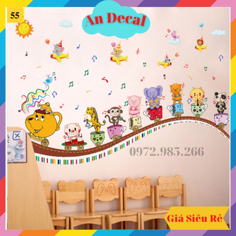 Tranh decal, decal dán tường trang trí phòng cho bé động vật đi trên xe cốc âm nhạc TE55
