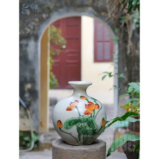 Bình hoa men rạn vẽ sen màu túm cổ, gốm Bát Tràng