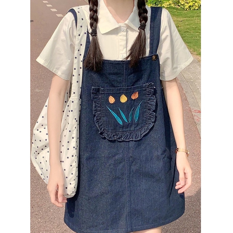 Váy yếm DENIM túi hoa tulip không tay chất jean mềm mại phong cách Hàn Quốc HITA22_STORE.