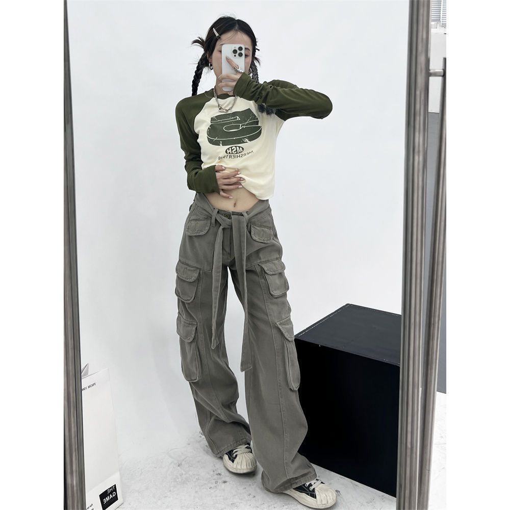 Jiashucheng Áo Thun Dài Tay Ôm Dáng Thời Trang Retro Mỹ Cá Tính