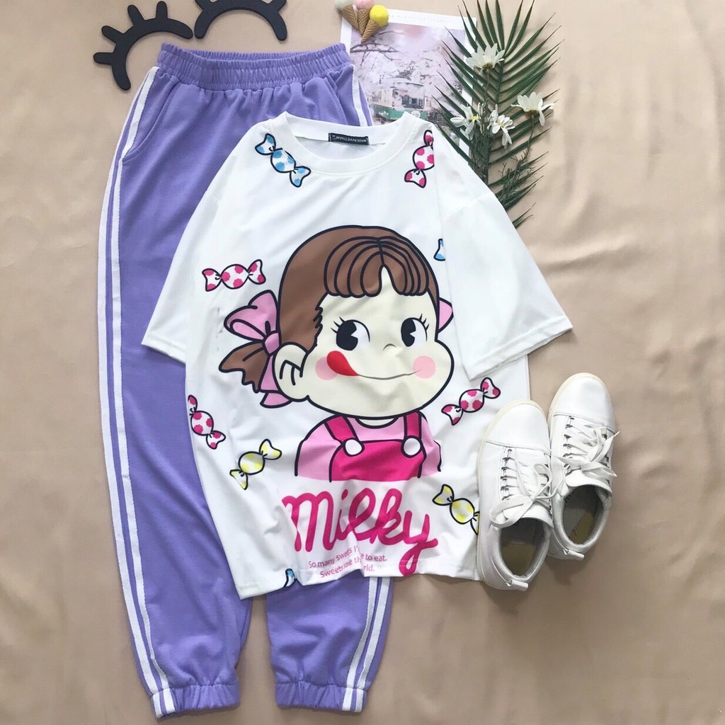 Đồ bộ hoạt hình quần Jogger trơn 2 sọc MÀU TÍM Freesize dành cho nam nữ Molly Fashion