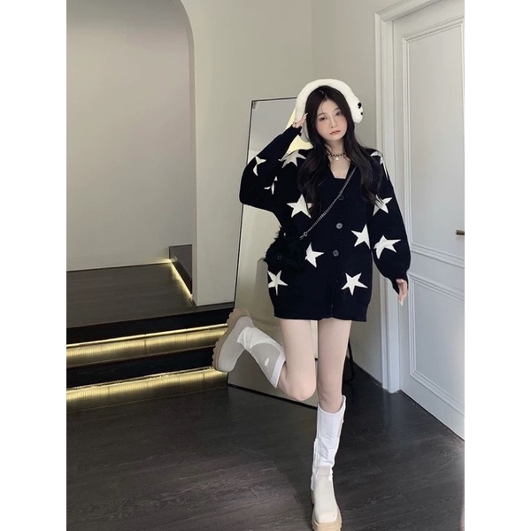 (Video tự quay) Áo khoác len dệt kim Star Cardigan đen cổ V dày dặn hình ngôi sao Yannie