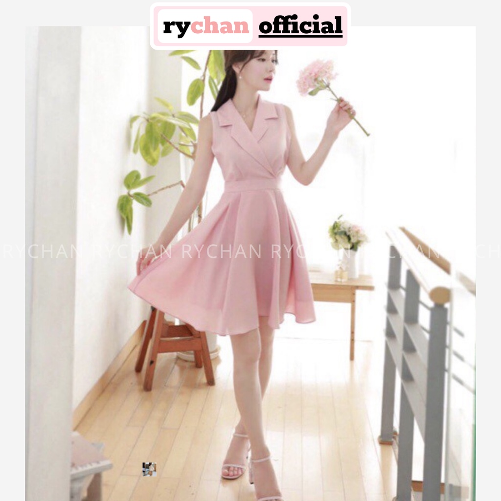 DX658 - Đầm Xòe Cổ Vest Sát Nách Hồng