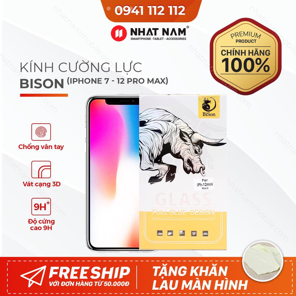 Kính Cường Lực iPhone BISON Full Màn Chính Hãng Cho Iphone 7 Plus đến iPhone 12 Promax