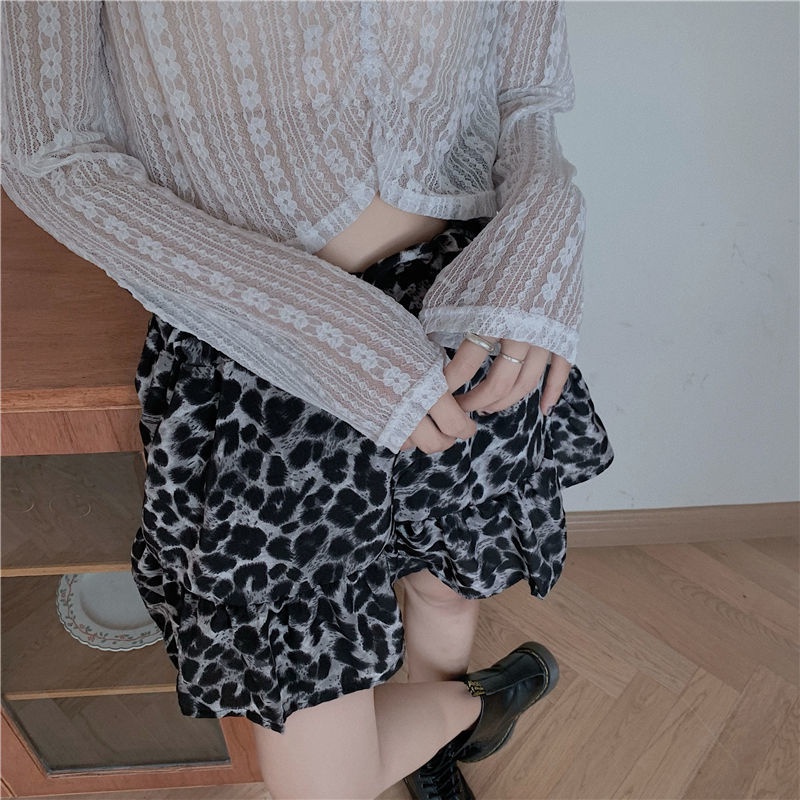 Jiashucheng Bộ Áo Ren Dài Tay + Chân Váy In Họa Tiết Da Báo Phong Cách Mới Cho Nữ